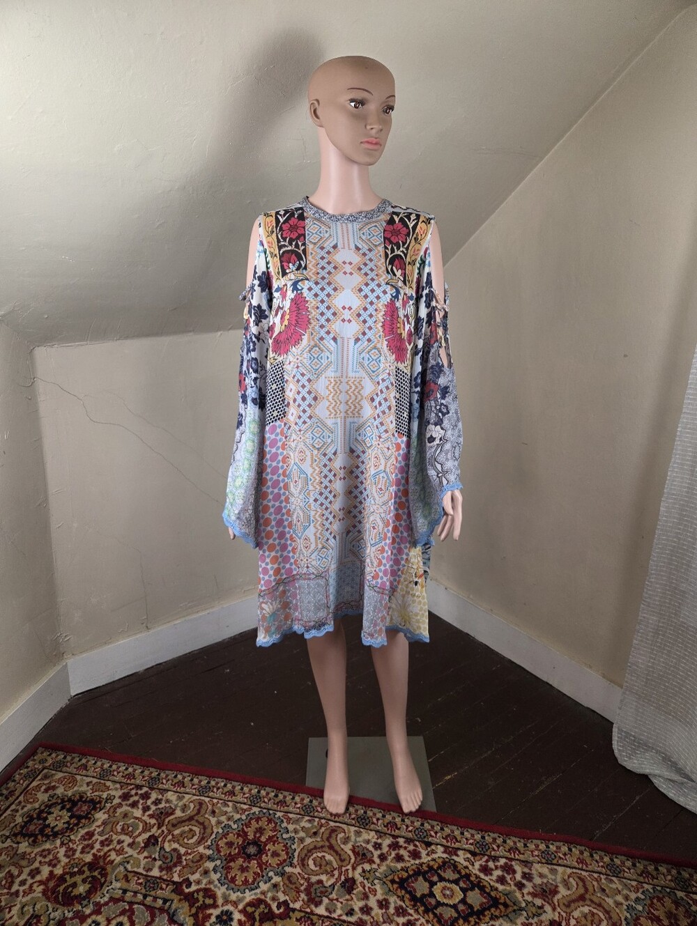 Johnny Was Cahil Open Shoulder Printed Tunic Dress L Boho Cupra‎ Rayon